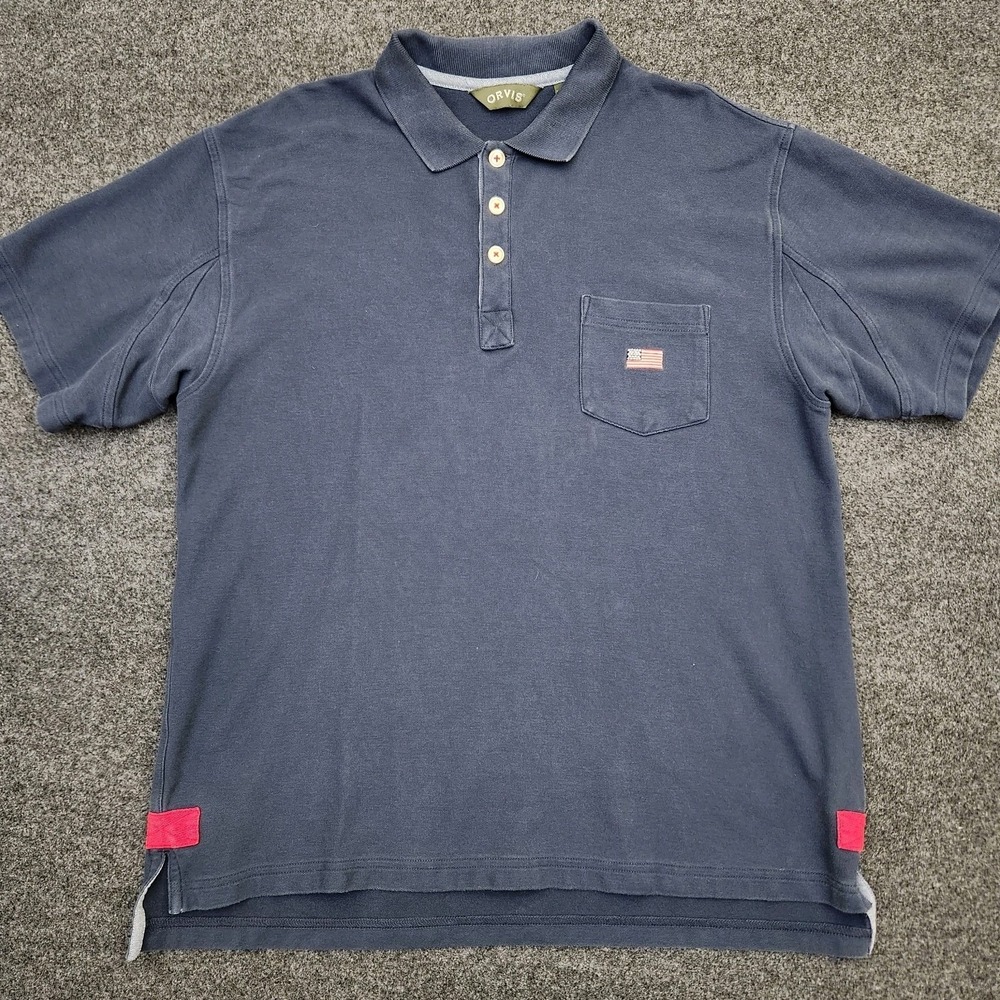 Vintage Orvis Polo Shirt Large Blue Cotton Pique Side Vents Heavy American Flag - Picture 1 of 6